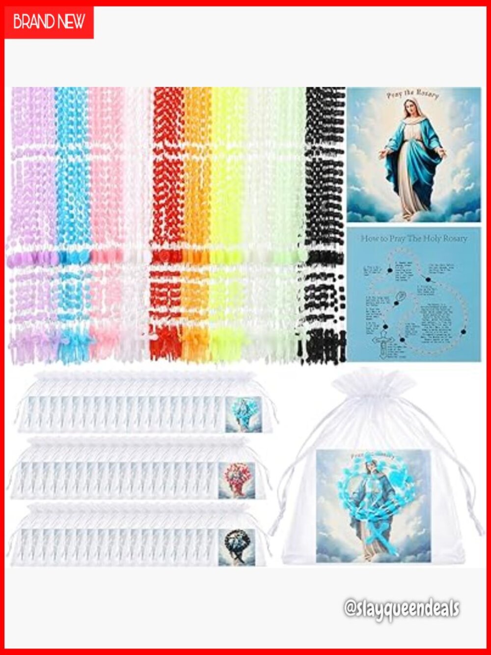 Plastic Rosary Cross Necklace Set with Prayer Cards and Bags
